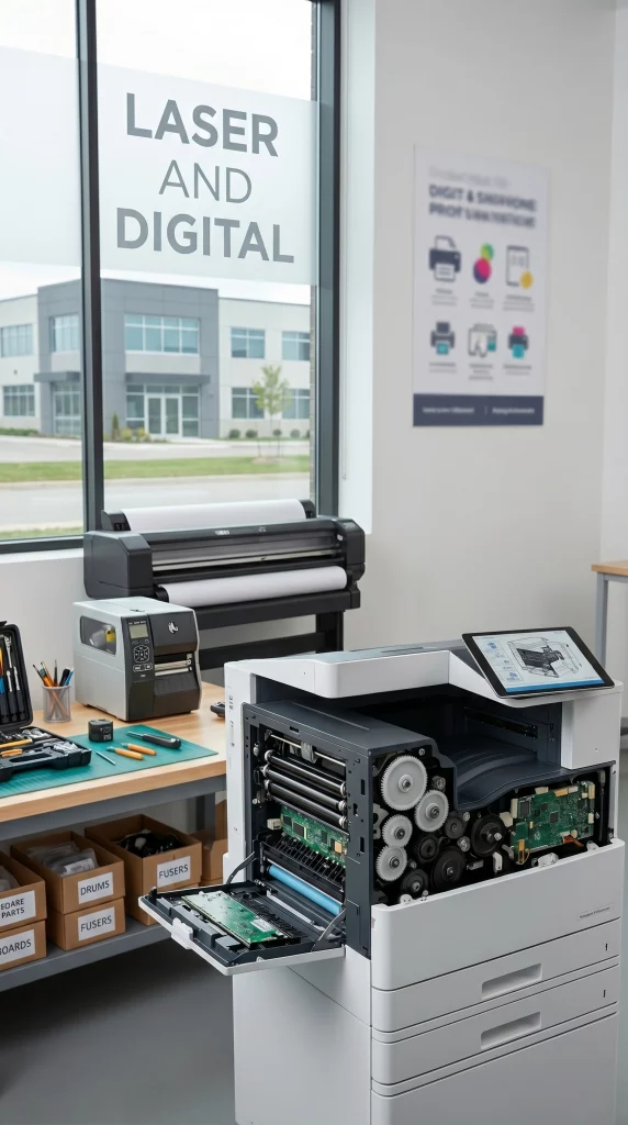 Industrial printer repair workshop in Whitby Ontario featuring a disassembled laser printer and specialized diagnostic tools for Zebra and HP systems